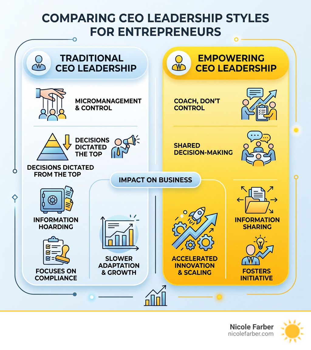 Infographic comparing empowering vs. traditional CEO leadership styles for entrepreneurs - CEO empowerment for entrepreneurs