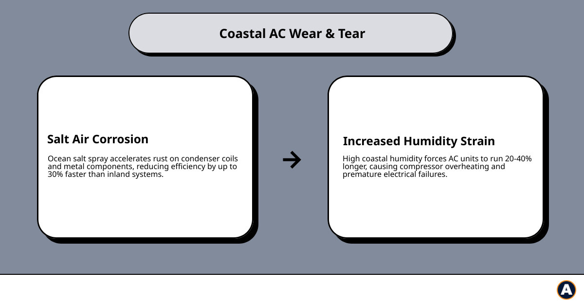Infographic showing how coastal conditions like salt air, humidity, and heat accelerate AC wear in Satellite Beach FL - best Infographic showing how coastal conditions like salt air, humidity, and heat accelerate AC wear in Satellite Beach FL - best