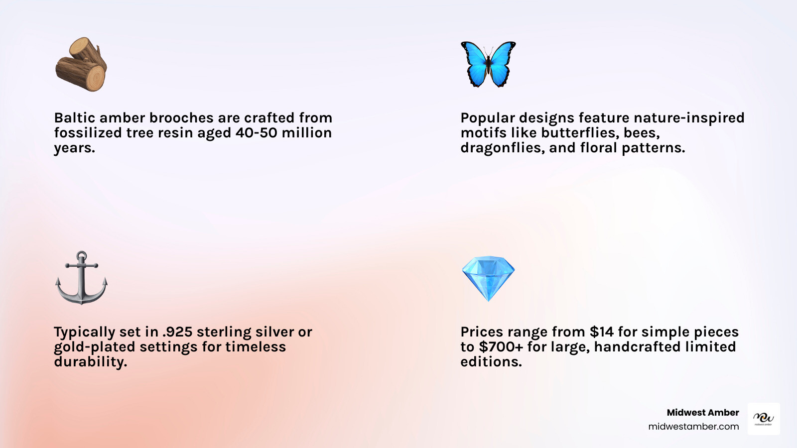Infographic showing amber brooch varieties, materials, price ranges, and the 40-million-year formation journey of Baltic