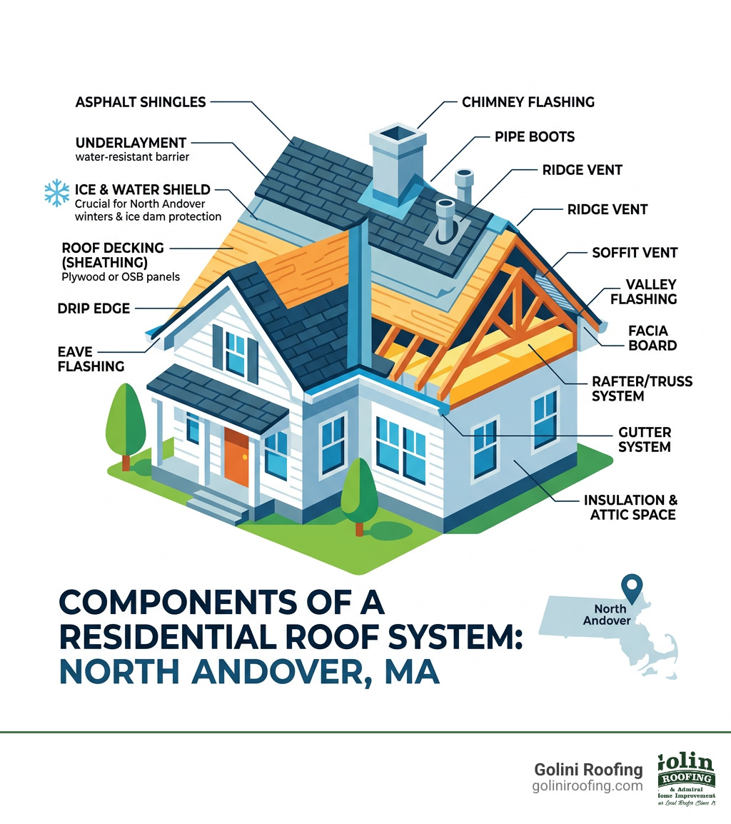 Infographic showing components of a residential roof system in North Andover MA - roof installer north andover ma Infographic showing components of a residential roof system in North Andover MA - roof installer north andover ma