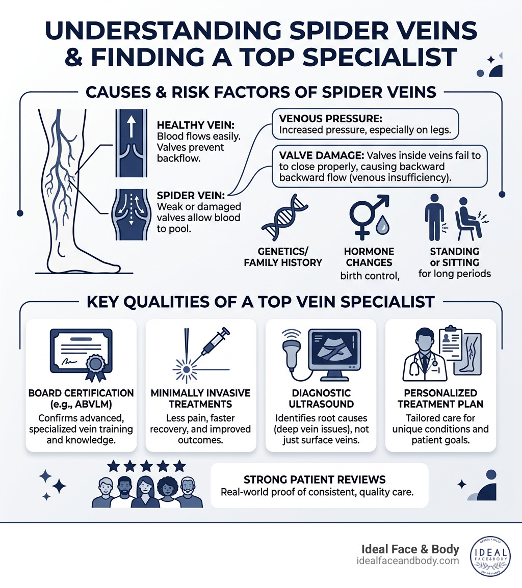 Infographic showing causes of spider veins: venous pressure, valve damage, risk factors, and key qualities of a top vein Infographic showing causes of spider veins: venous pressure, valve damage, risk factors, and key qualities of a top vein