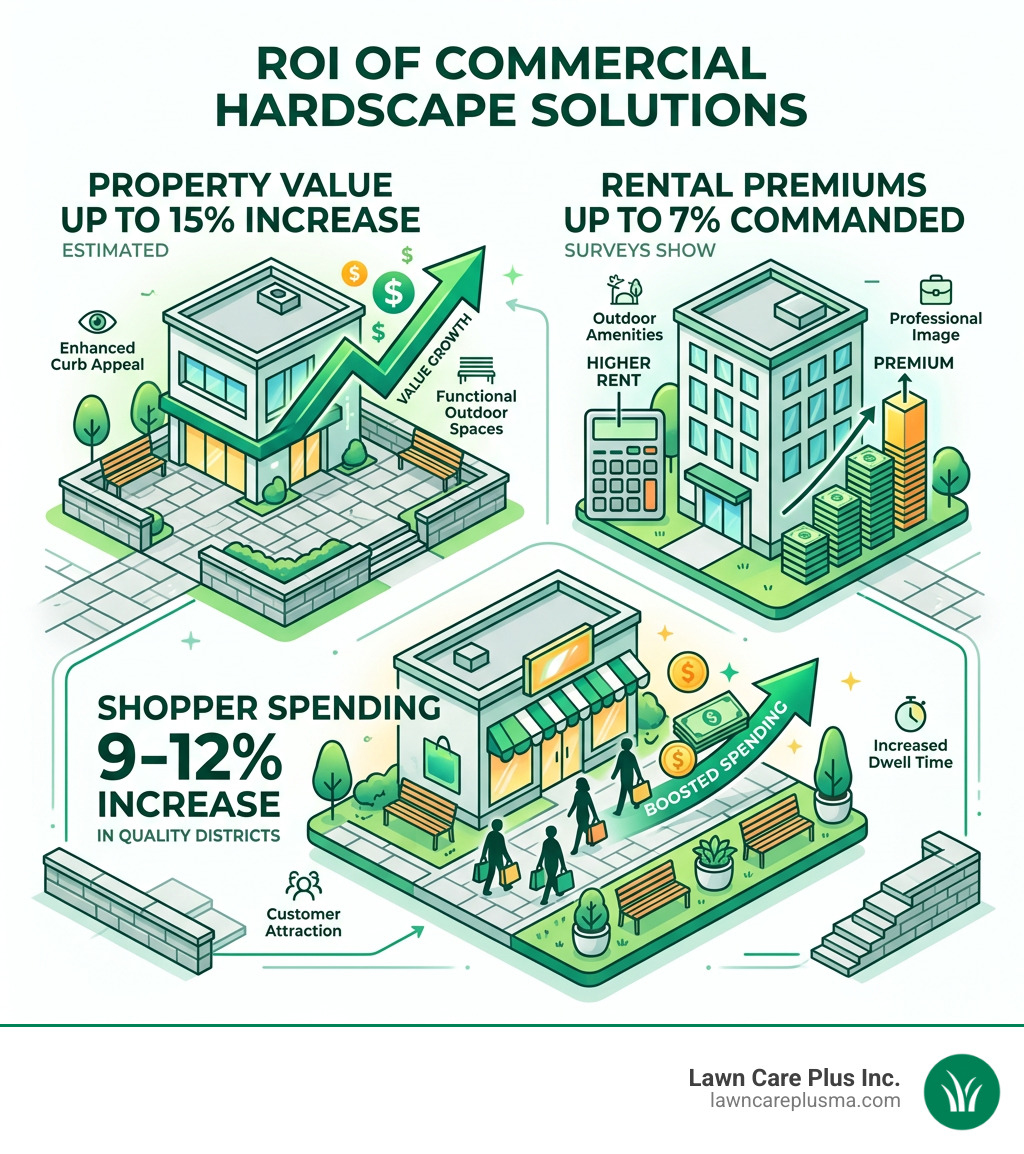 Infographic showing ROI of commercial hardscape solutions including property value rental rates and shopper spending