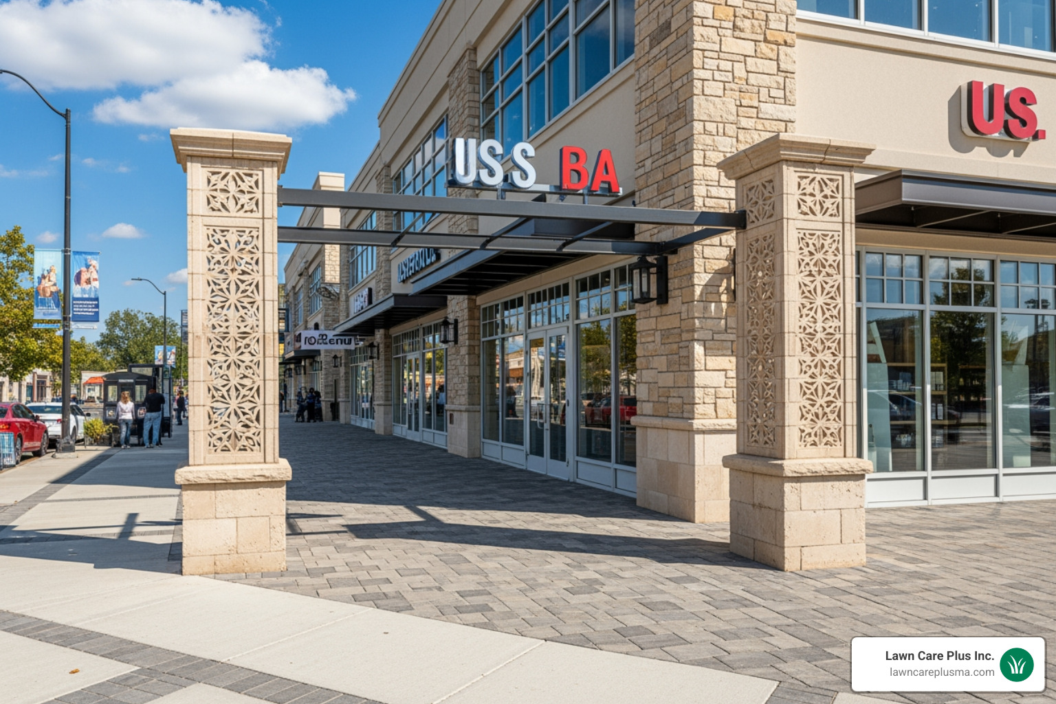 Retail storefront with decorative masonry and wide stone pavers - Commercial hardscape solutions