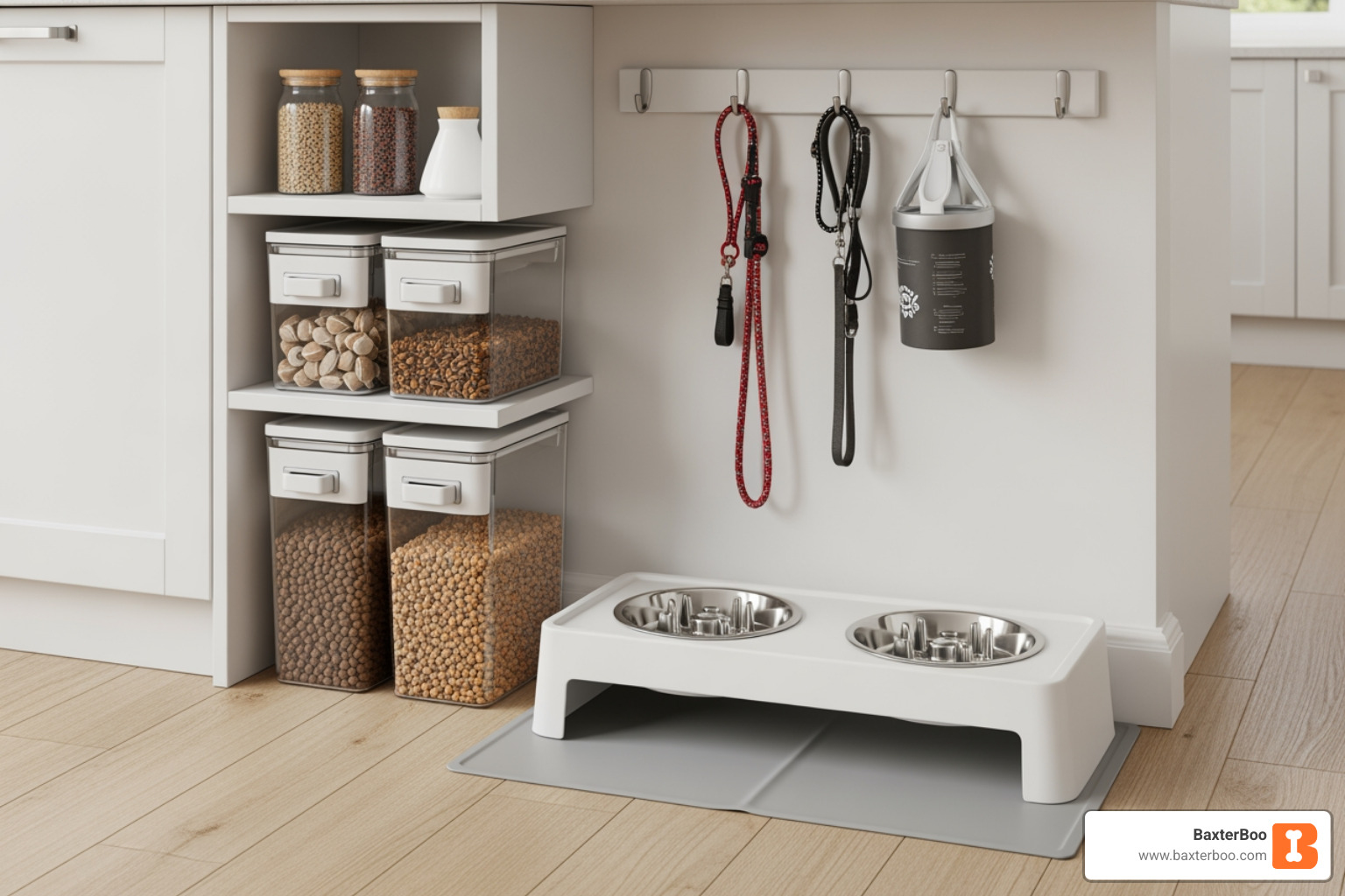 Modern pet feeding station with organized storage bins - Pet Home Goods & Organization