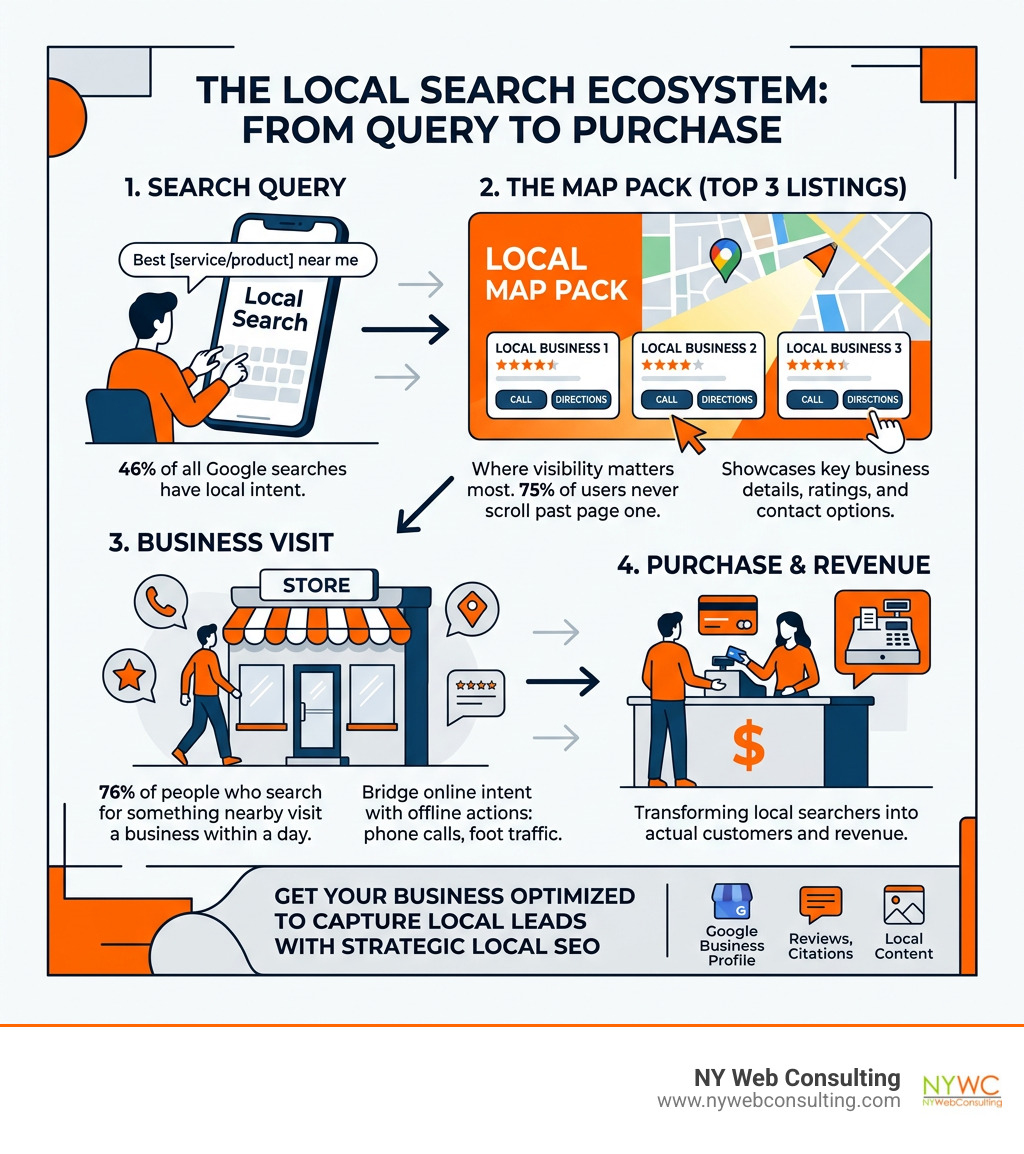Infographic showing local search ecosystem: search query to Map Pack to business visit to purchase - local seo company Infographic showing local search ecosystem: search query to Map Pack to business visit to purchase - local seo company