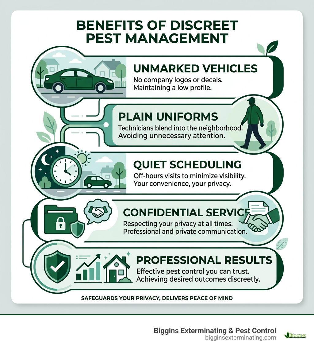 Infographic showing key benefits of discreet pest management: unmarked vehicles, plain uniforms, quiet scheduling