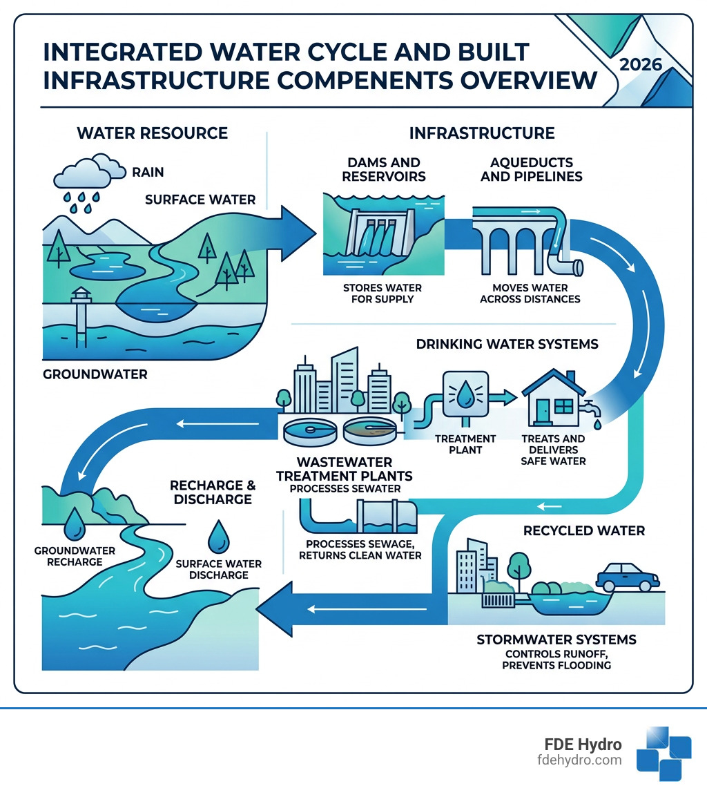 Integrated water cycle and built infrastructure components overview infographic - water management infrastructure Integrated water cycle and built infrastructure components overview infographic - water management infrastructure