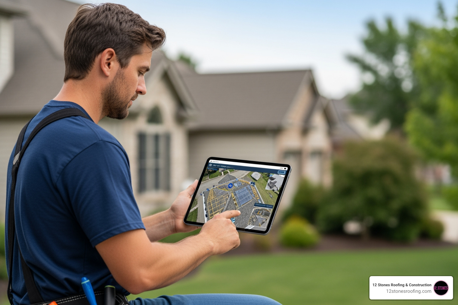Roofing contractor reviewing high-definition drone data and 3D models on a tablet in the field - roof inspection drone Roofing contractor reviewing high-definition drone data and 3D models on a tablet in the field - roof inspection drone