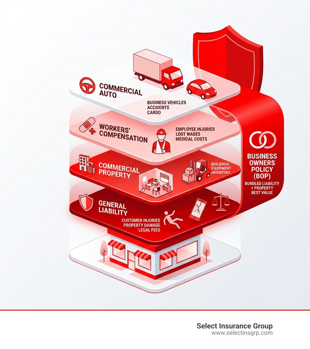 Infographic showing layers of commercial insurance protection for small businesses - comercial insurance infographic 