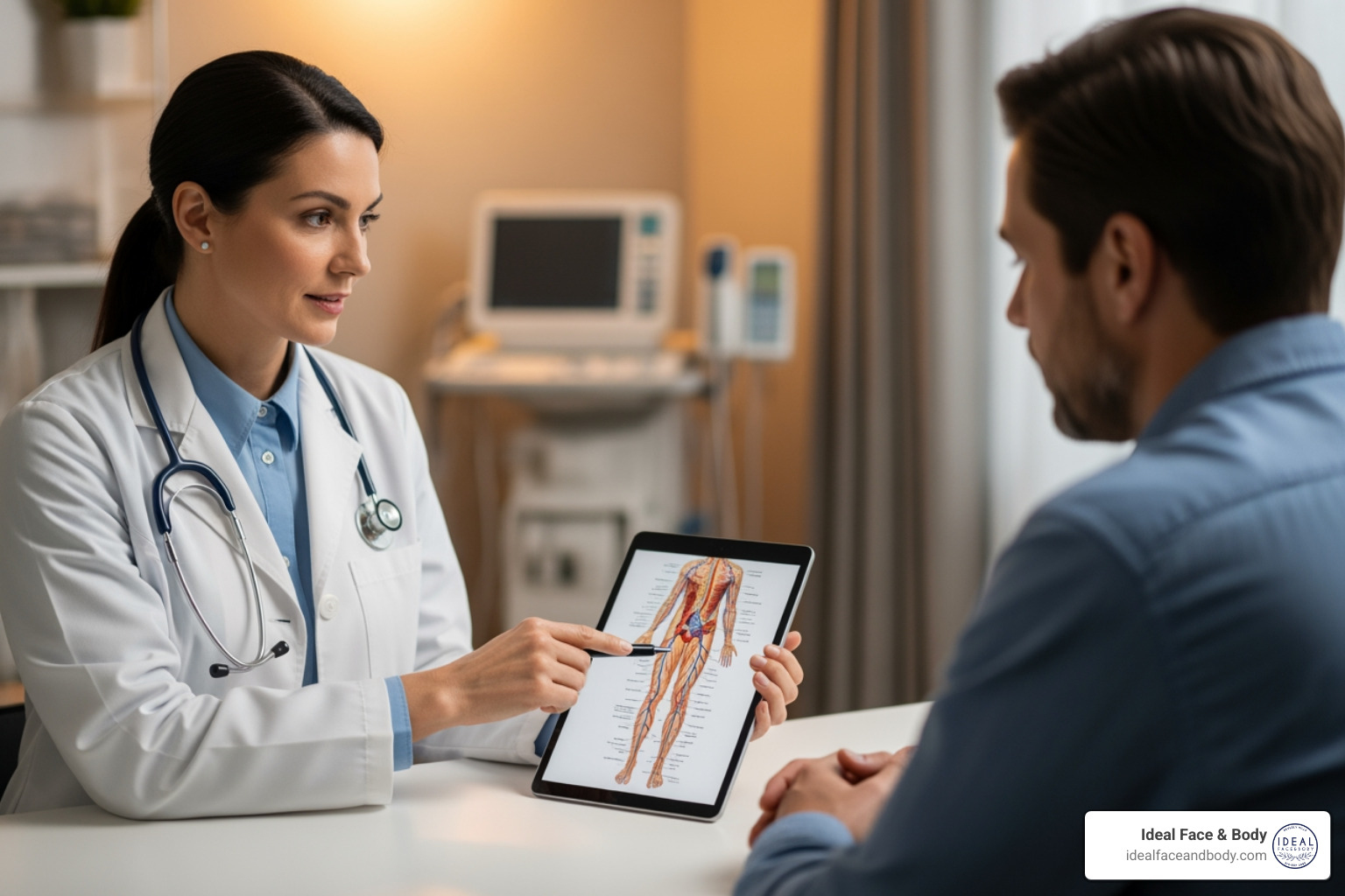 A medical consultation between a doctor and a patient discussing vascular health - best spider vein doctor A medical consultation between a doctor and a patient discussing vascular health - best spider vein doctor
