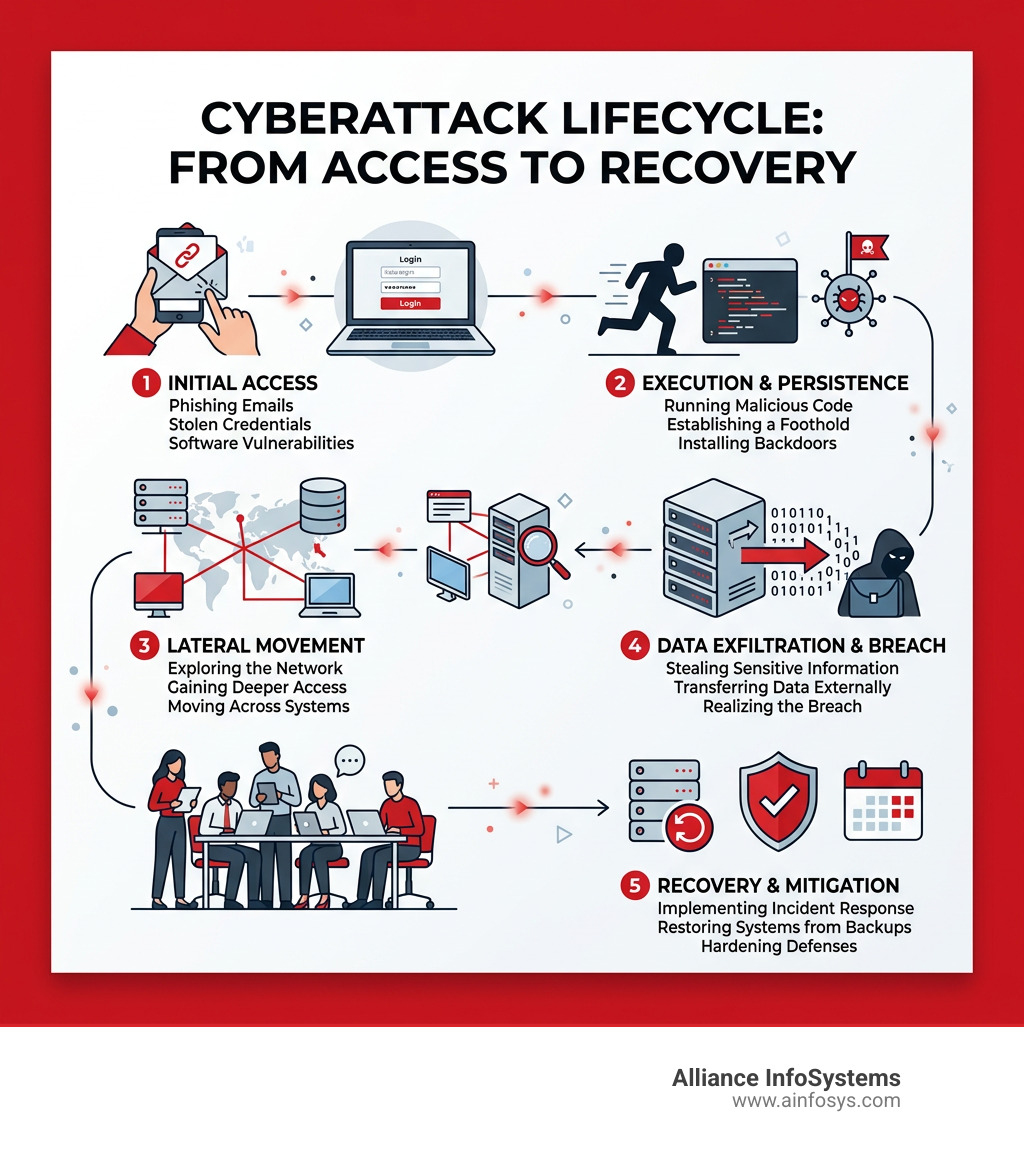 Lifecycle of a modern cyberattack from initial access to data breach and recovery - cyber security in companies infographic Lifecycle of a modern cyberattack from initial access to data breach and recovery - cyber security in companies infographic