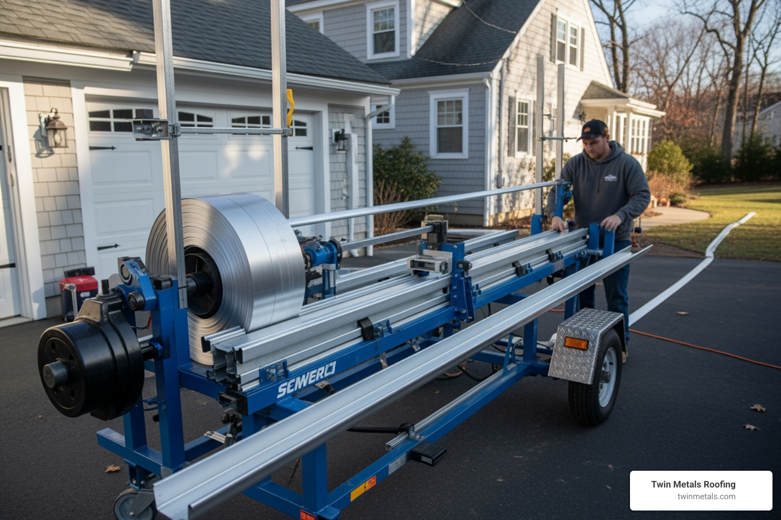 On-site gutter fabrication machine creating a continuous run of aluminum guttering - sudbury seamless gutters Man operating a seamless gutter machine in a residential driveway, preparing materials for seamless gutter installation, with a house in the background.