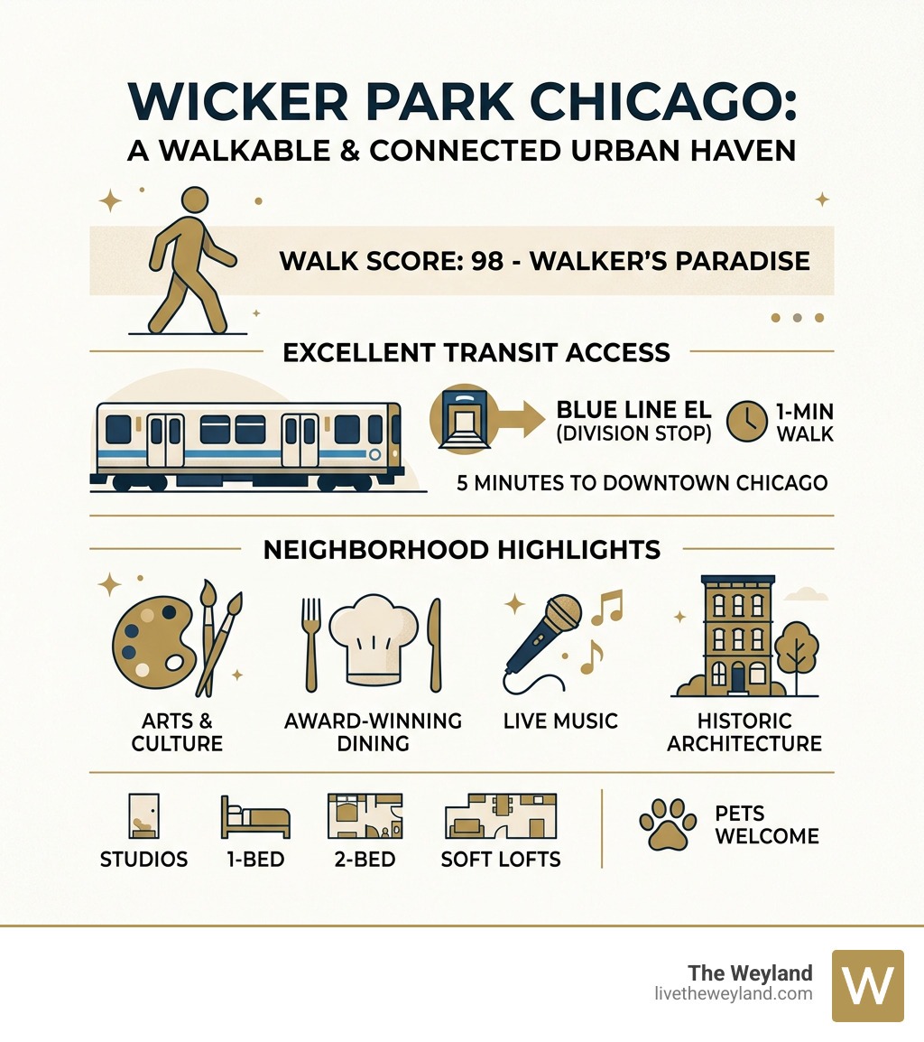 Wicker Park Chicago apartments walk score transit and neighborhood highlights infographic - Wicker Park Chicago apartments
