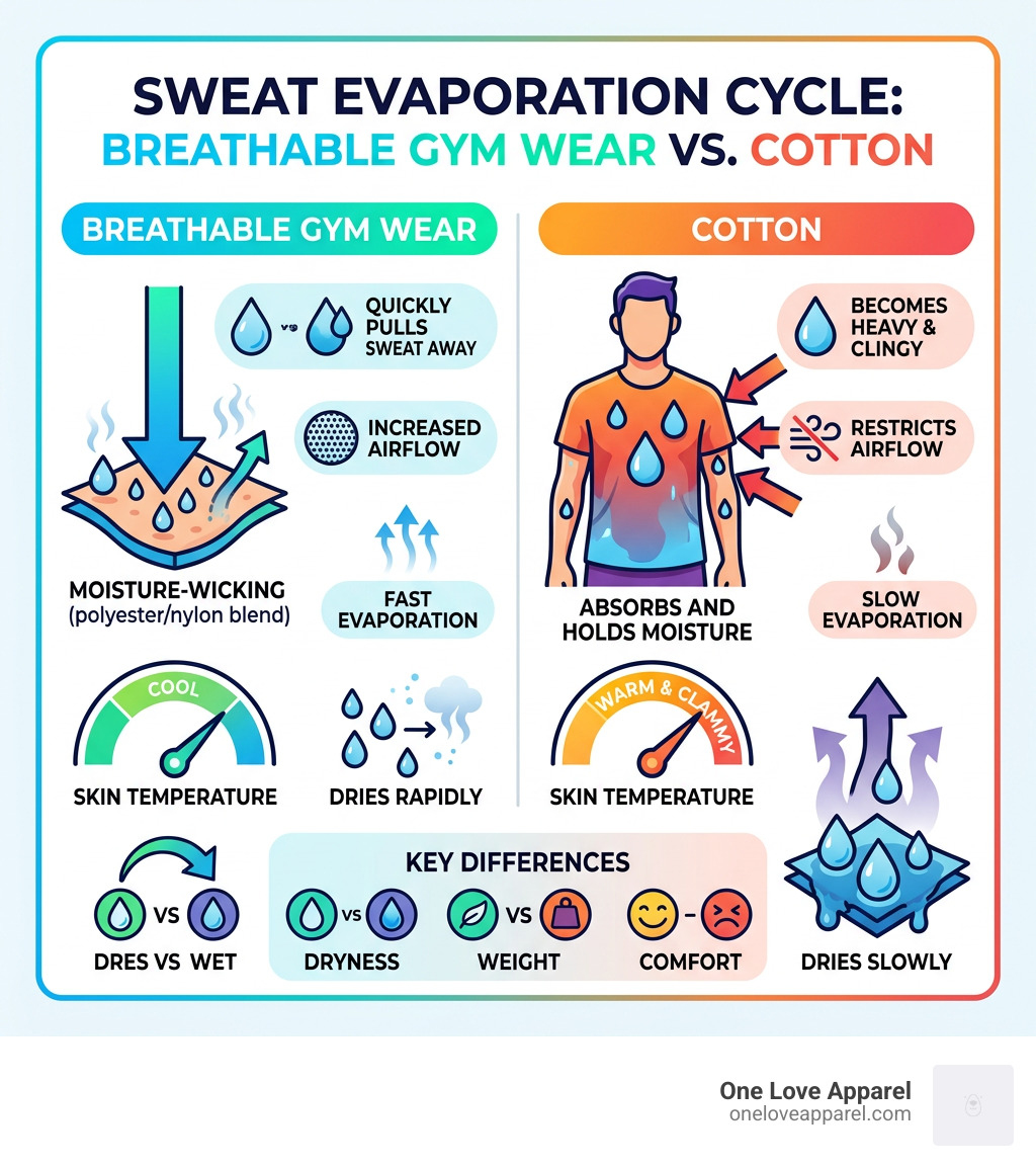 Infographic showing the sweat evaporation cycle in breathable gym wear vs. cotton - breathable gym wear infographic 