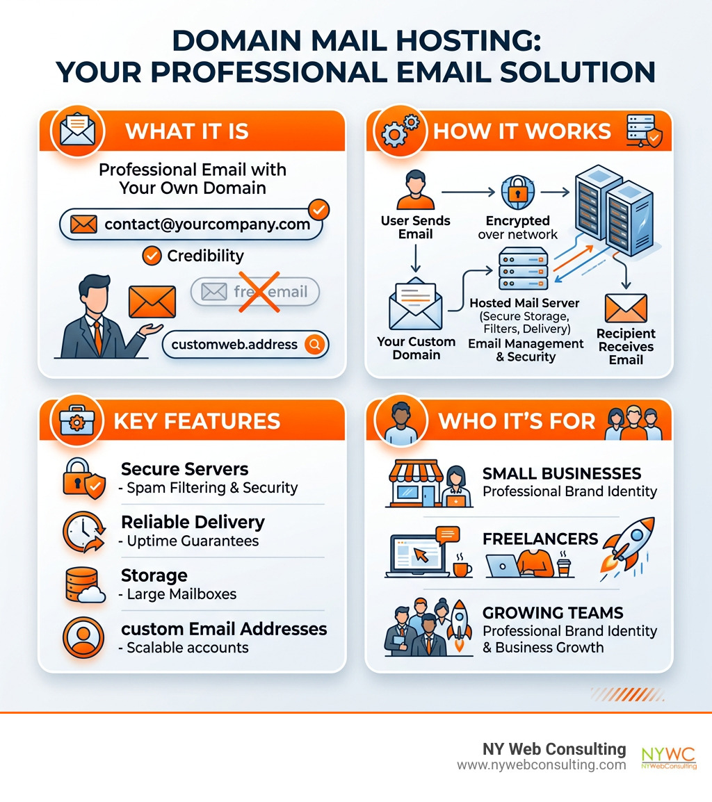Infographic showing what domain mail hosting is, how it works, key features, and who it's for - domain mail hosting