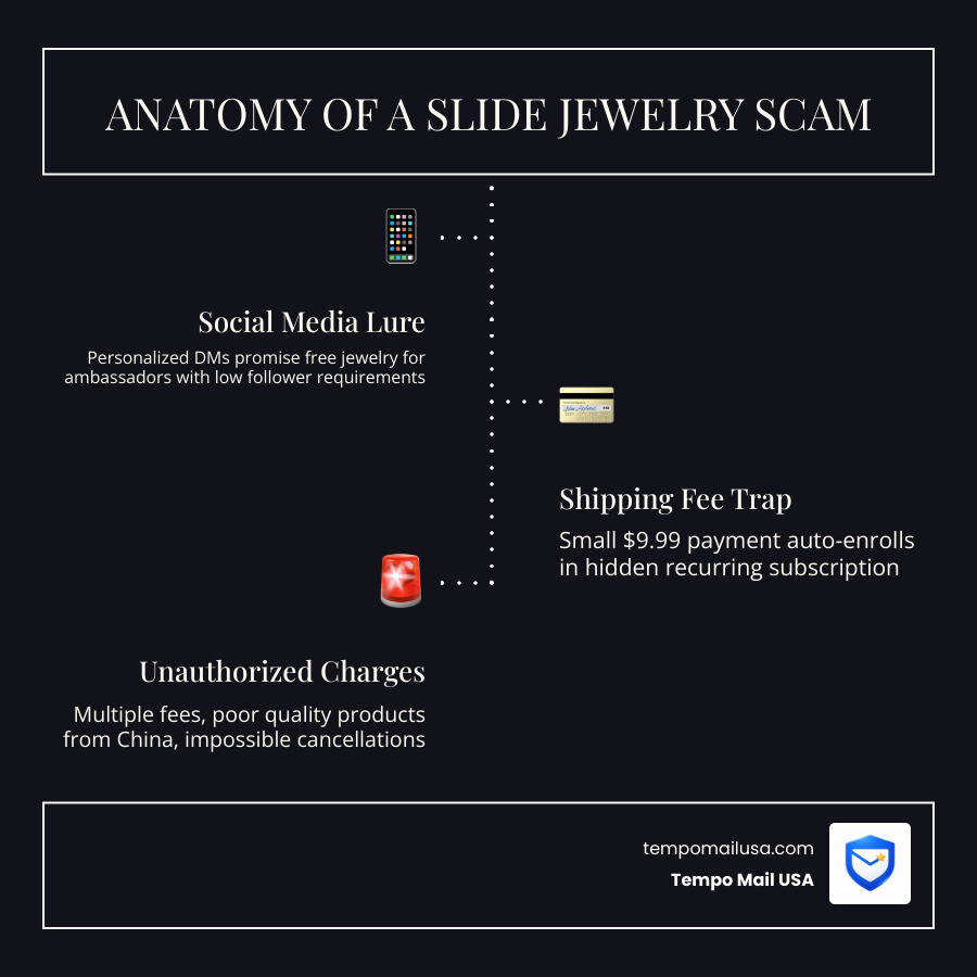 Anatomy of a social media jewelry subscription scam - red flags, tactics, and victim impact - slide jewelry scam infographic Anatomy of a social media jewelry subscription scam - red flags, tactics, and victim impact - slide jewelry scam infographic