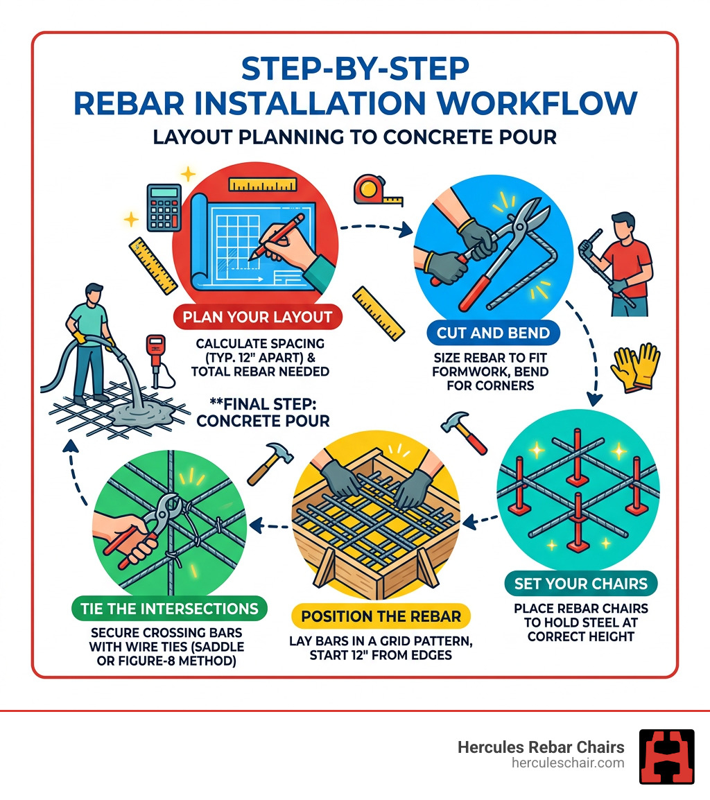 Step-by-step rebar installation workflow from layout planning to concrete pour - how to install rebar infographic 