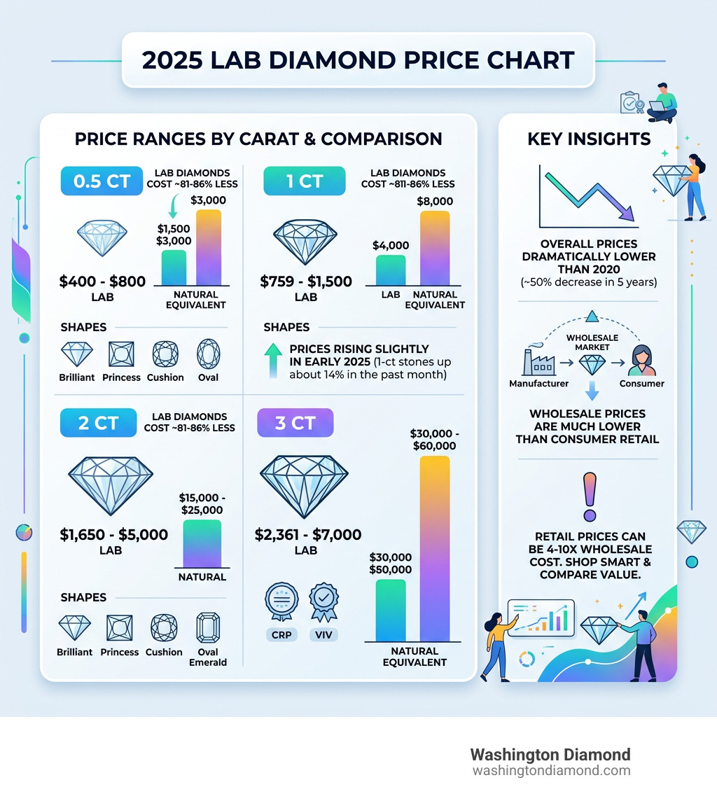 2026 lab diamond price chart infographic showing price ranges by carat, shape, and comparison to natural diamonds - lab