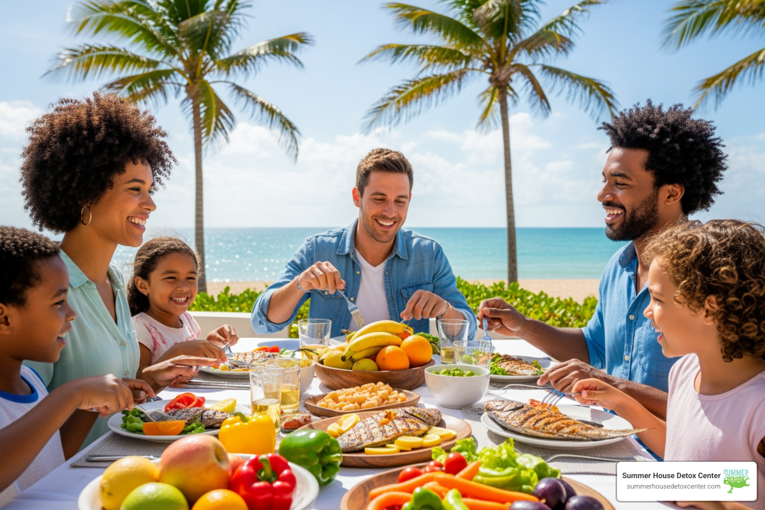 Happy family in Miami sharing a healthy meal together - Long term sobriety