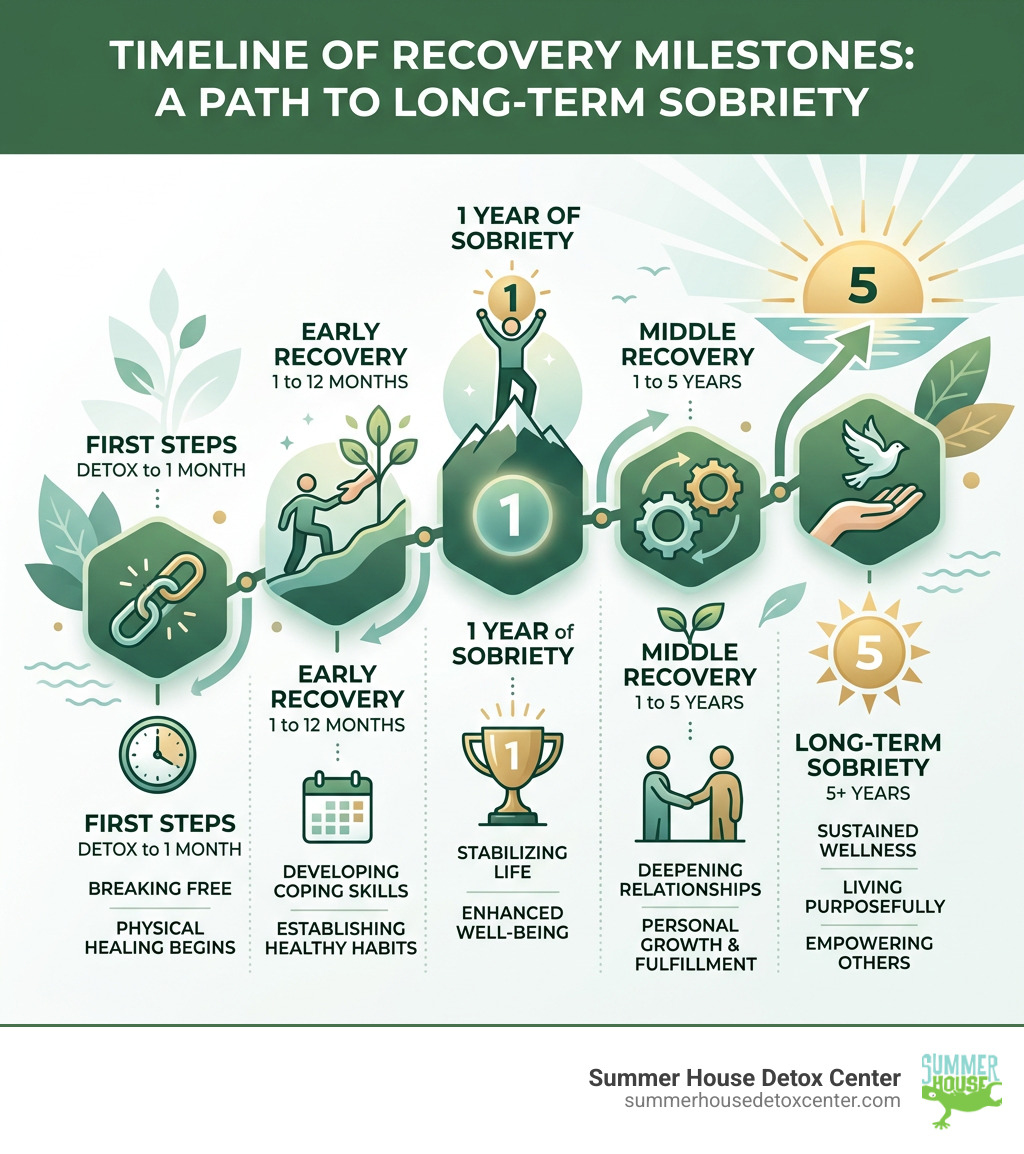 Timeline infographic of recovery milestones from detox through five years of sobriety - Long term sobriety infographic 