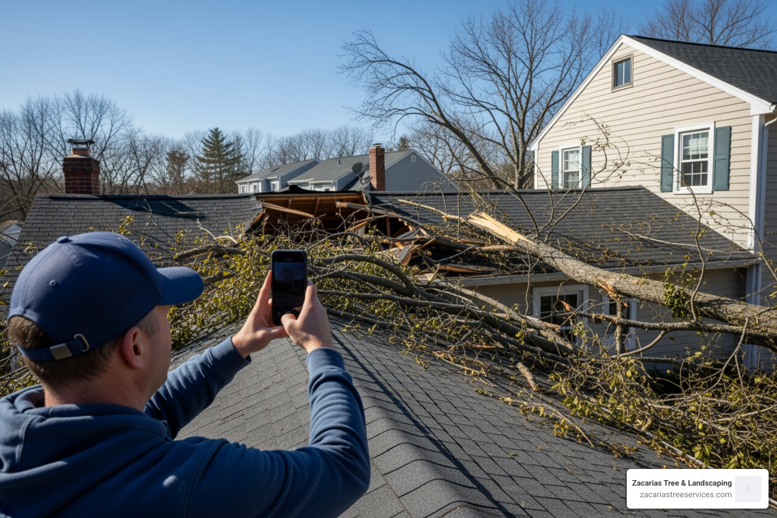homeowner taking photos of roof damage - downed tree removal homeowner taking photos of roof damage - downed tree removal
