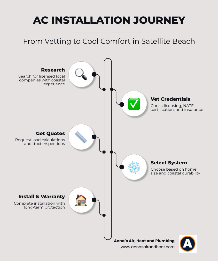 Infographic showing the AC installation journey in Satellite Beach FL from vetting to install to warranty - local ac Infographic showing the AC installation journey in Satellite Beach FL from vetting to install to warranty - local ac