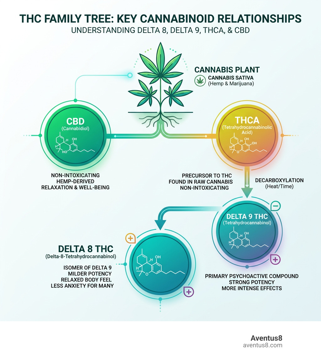 THC family tree infographic showing Delta 8, Delta 9, THCA, and CBD relationships - delta 8 vs delta 9 reddit infographic THC family tree infographic showing Delta 8, Delta 9, THCA, and CBD relationships - delta 8 vs delta 9 reddit infographic