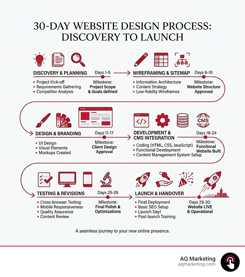Infographic showing the 30-day website design process from discovery to launch with key milestones - website design Infographic showing the 30-day website design process from discovery to launch with key milestones - website design