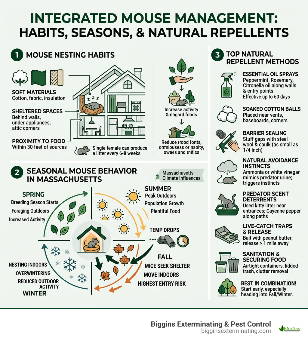 Infographic showing mouse nesting habits, seasonal behavior in Massachusetts, and top natural repellent methods - natural