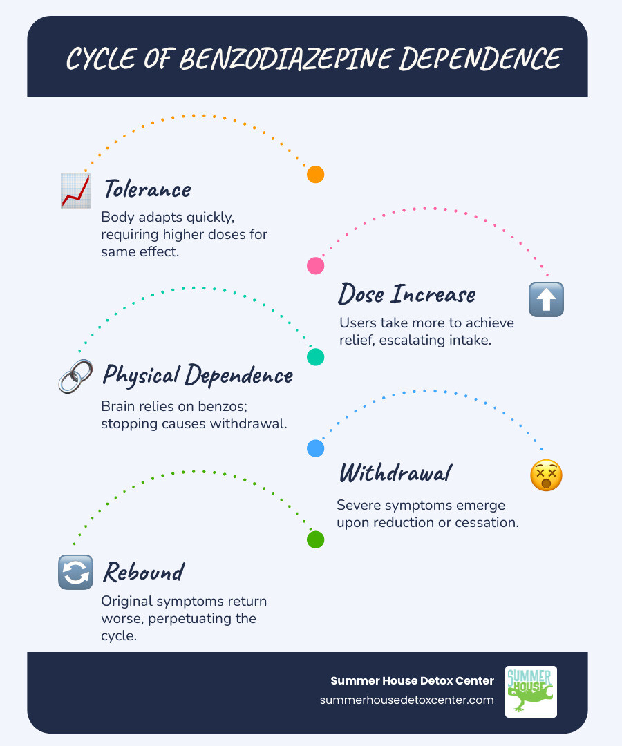 Cycle of benzodiazepine dependence: tolerance, dose increase, dependence, withdrawal, rebound - long term benzo infographic