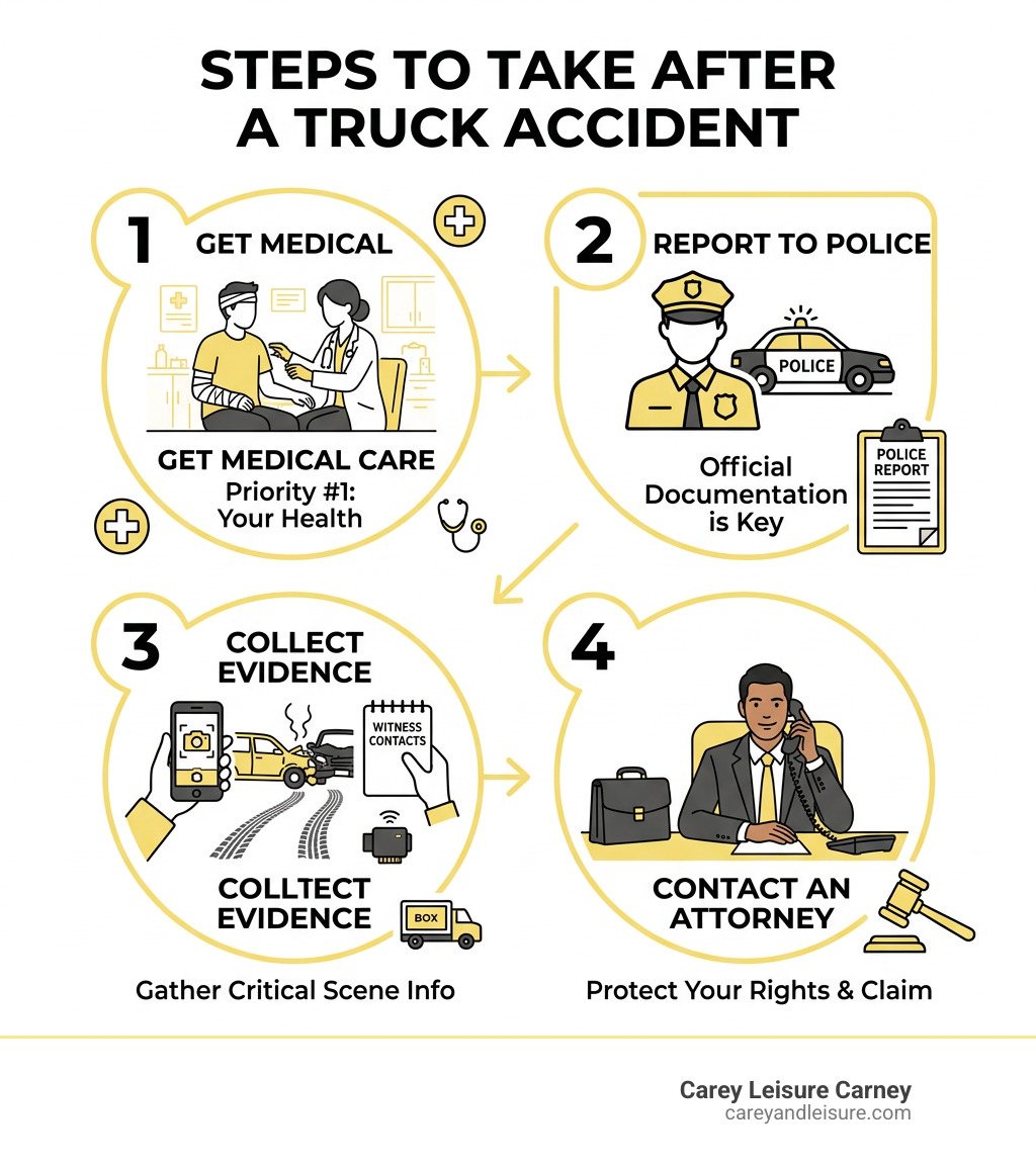 Steps to take after a truck accident infographic showing medical care, police report, evidence collection, and attorney