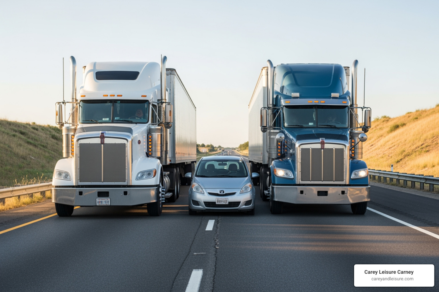 Comparison image showing a massive semi-truck next to a small passenger car to illustrate size difference - injured truck