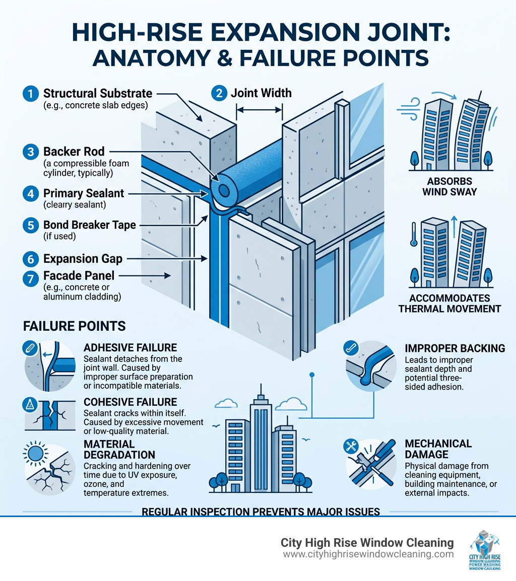 Infographic showing high-rise expansion joint anatomy and common failure points - high rise joint sealing infographic Infographic showing high-rise expansion joint anatomy and common failure points - high rise joint sealing infographic