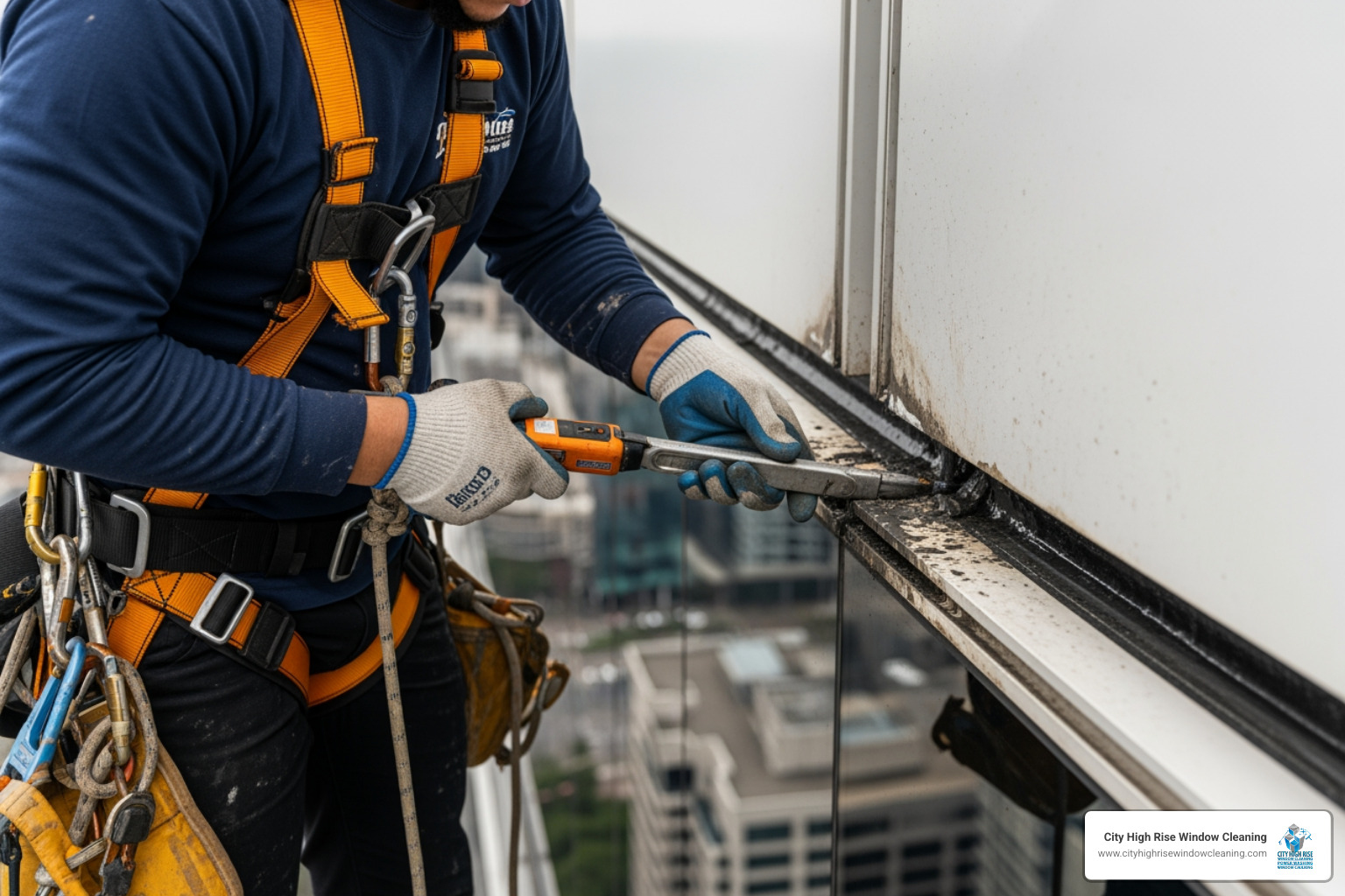 Technician removing old sealant during a high-rise joint sealing project - high rise joint sealing Technician removing old sealant during a high-rise joint sealing project - high rise joint sealing