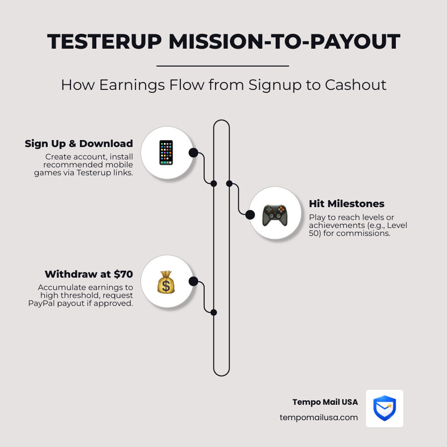 Testerup mission-to-payout workflow infographic showing sign-up earnings threshold and withdrawal steps - is testerup a scam Testerup mission-to-payout workflow infographic showing sign-up earnings threshold and withdrawal steps - is testerup a scam