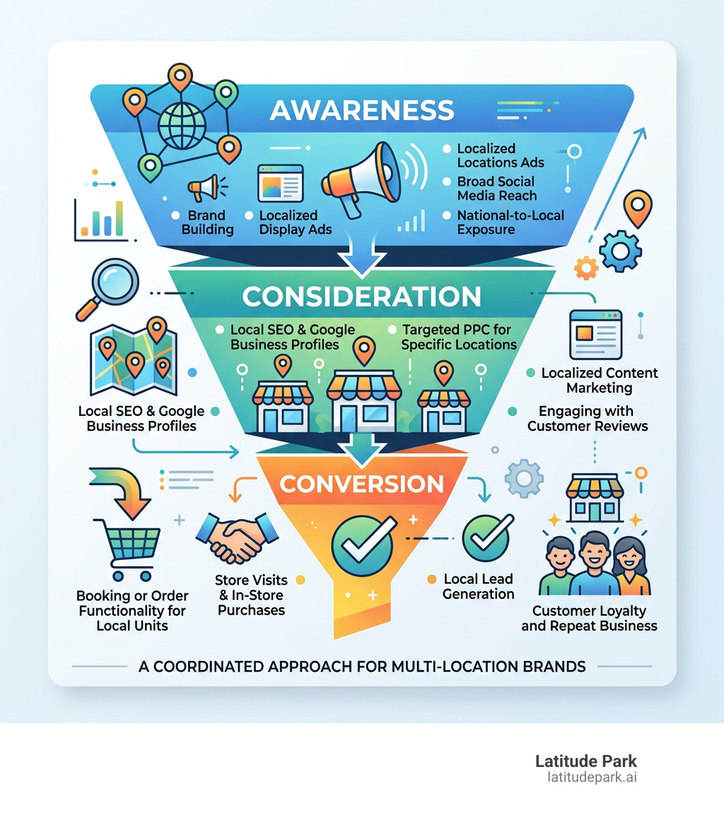 Franchise marketing funnel showing awareness, consideration, and conversion stages for multi-location brands - franchise Franchise marketing funnel showing awareness, consideration, and conversion stages for multi-location brands - franchise