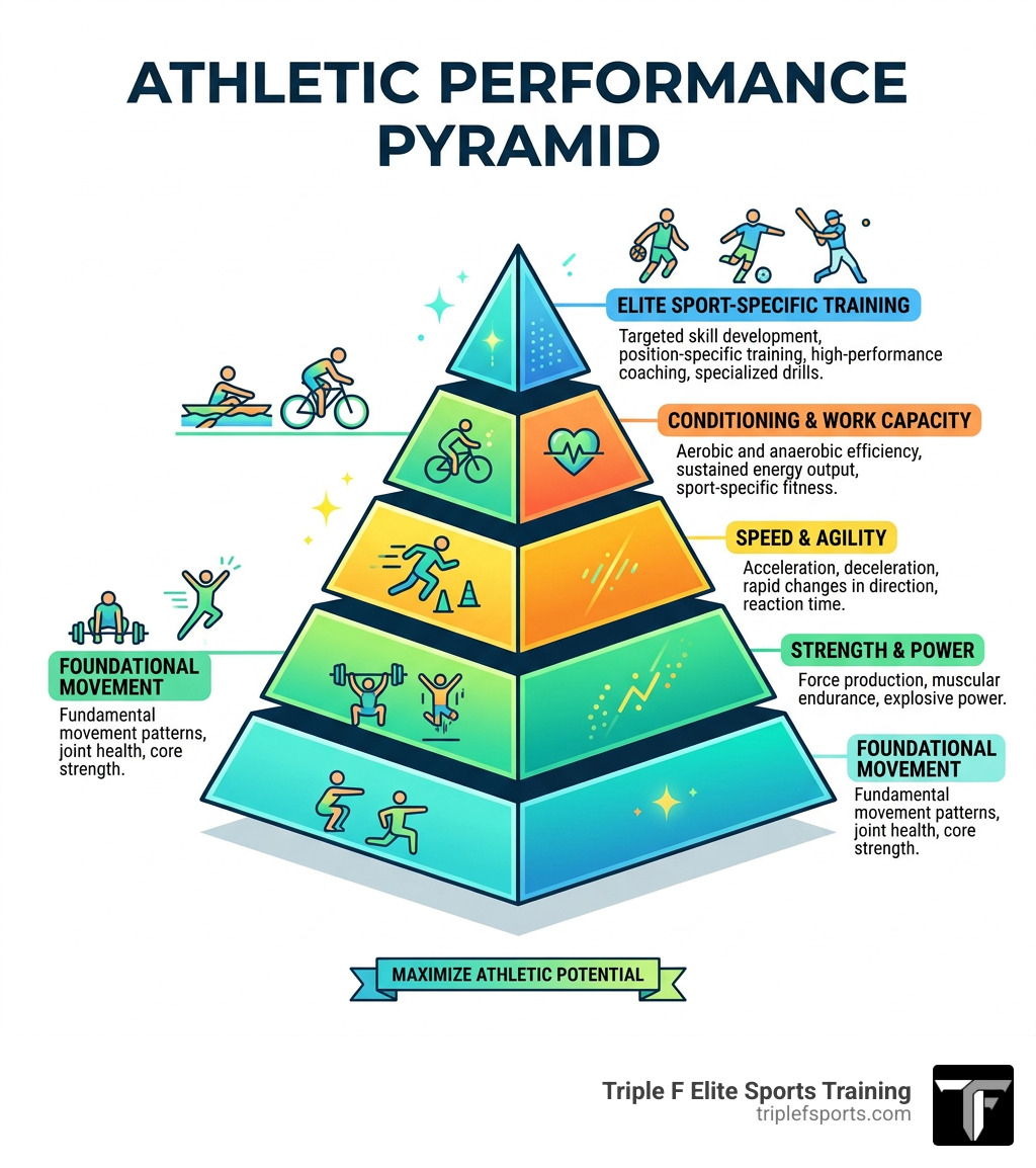 Athletic performance pyramid showing foundational movement to elite sport-specific training - performance training programs Athletic performance pyramid showing foundational movement to elite sport-specific training - performance training programs