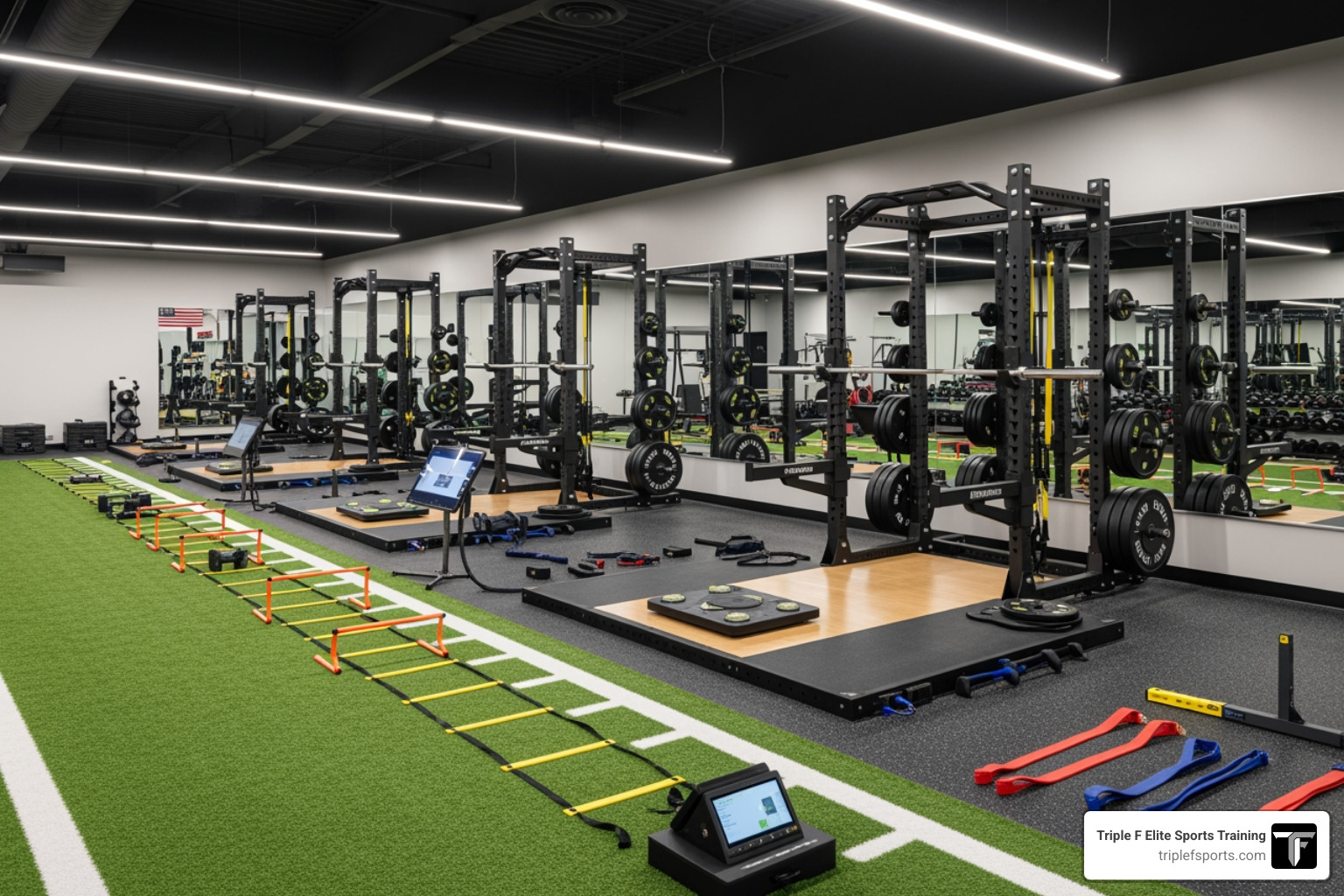 Specialized weight room with racks, turf, and performance technology - performance training programs Specialized weight room with racks, turf, and performance technology - performance training programs