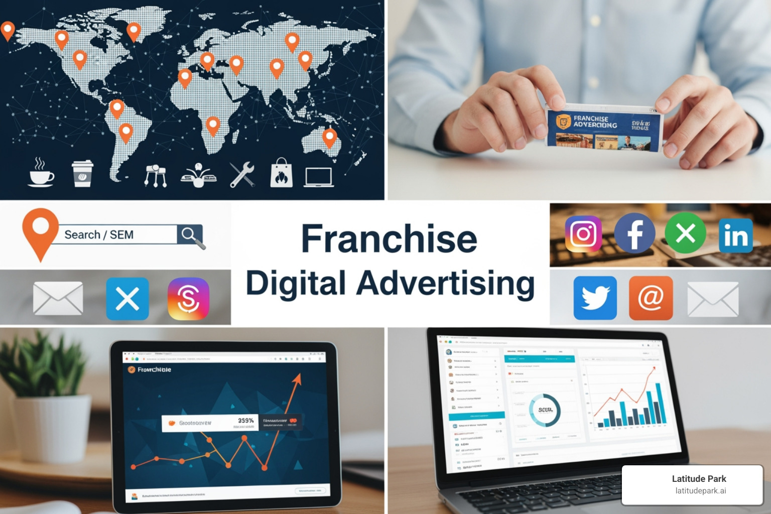 Digital advertising dashboard showing multi-channel performance across search, social, and display - franchise digital Digital advertising dashboard showing multi-channel performance across search, social, and display - franchise digital