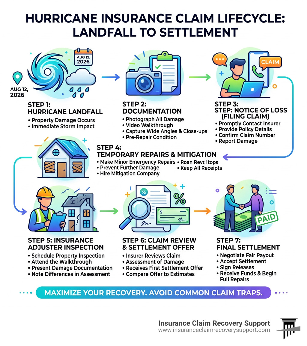 Hurricane insurance claim lifecycle from landfall to settlement infographic - hurricane insurance claim tips infographic 