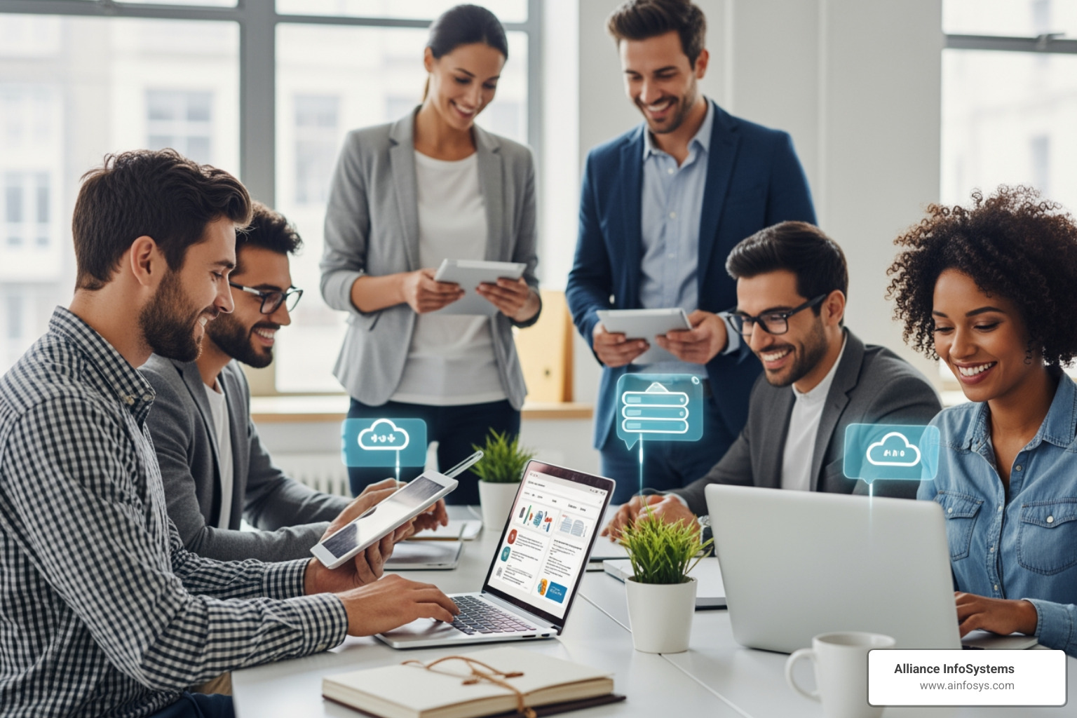 Professional team in a modern office collaborating on tablets and laptops using cloud storage - benefits of cloud based Professional team in a modern office collaborating on tablets and laptops using cloud storage - benefits of cloud based