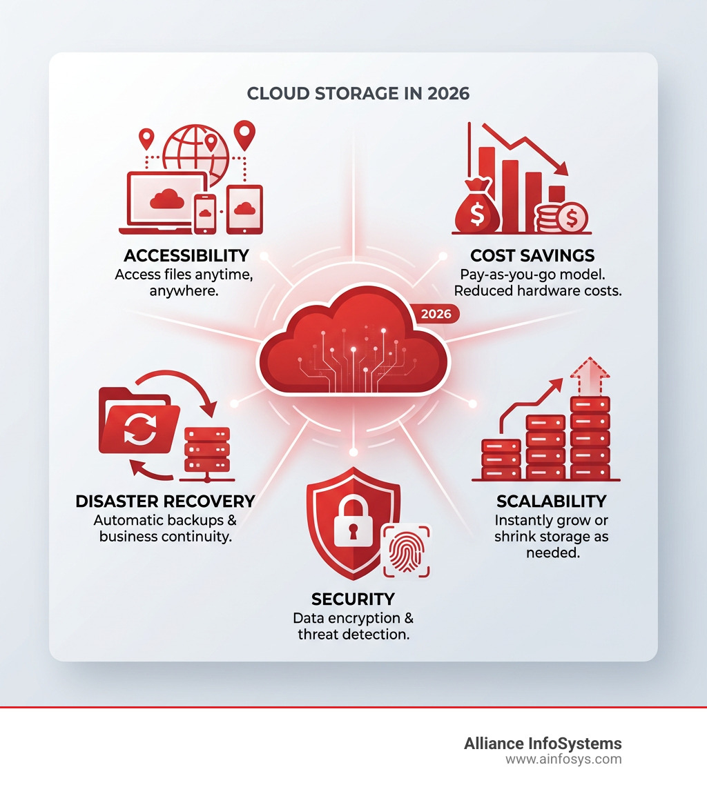 Infographic showing top benefits of cloud based storage including accessibility, cost savings, scalability, security, and Infographic showing top benefits of cloud based storage including accessibility, cost savings, scalability, security, and