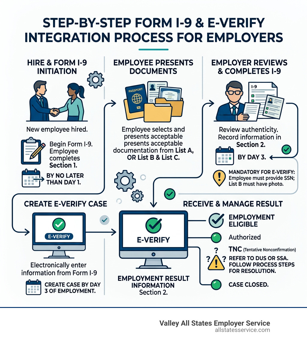 Step-by-step infographic showing Form I-9 and E-Verify integration process for employers - e verify i 9 documents