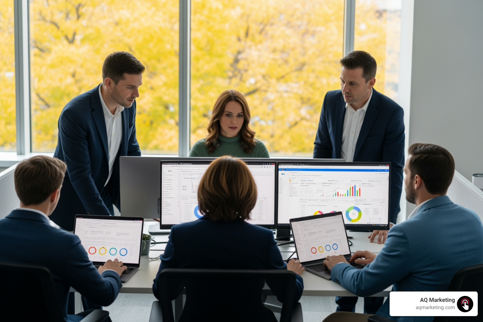 A collaborative marketing team in a New England office analyzing cross-account data on large screens - Google Ads account A collaborative marketing team in a New England office analyzing cross-account data on large screens - Google Ads account
