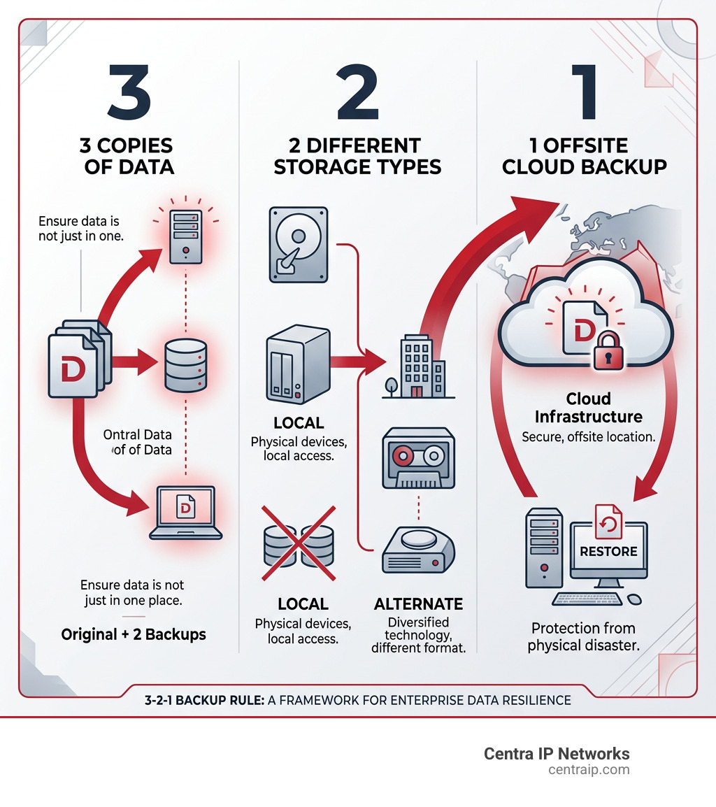 Infographic showing the 3-2-1 backup rule: 3 copies of data, 2 different storage types, 1 offsite cloud backup - enterprise Infographic showing the 3-2-1 backup rule: 3 copies of data, 2 different storage types, 1 offsite cloud backup - enterprise