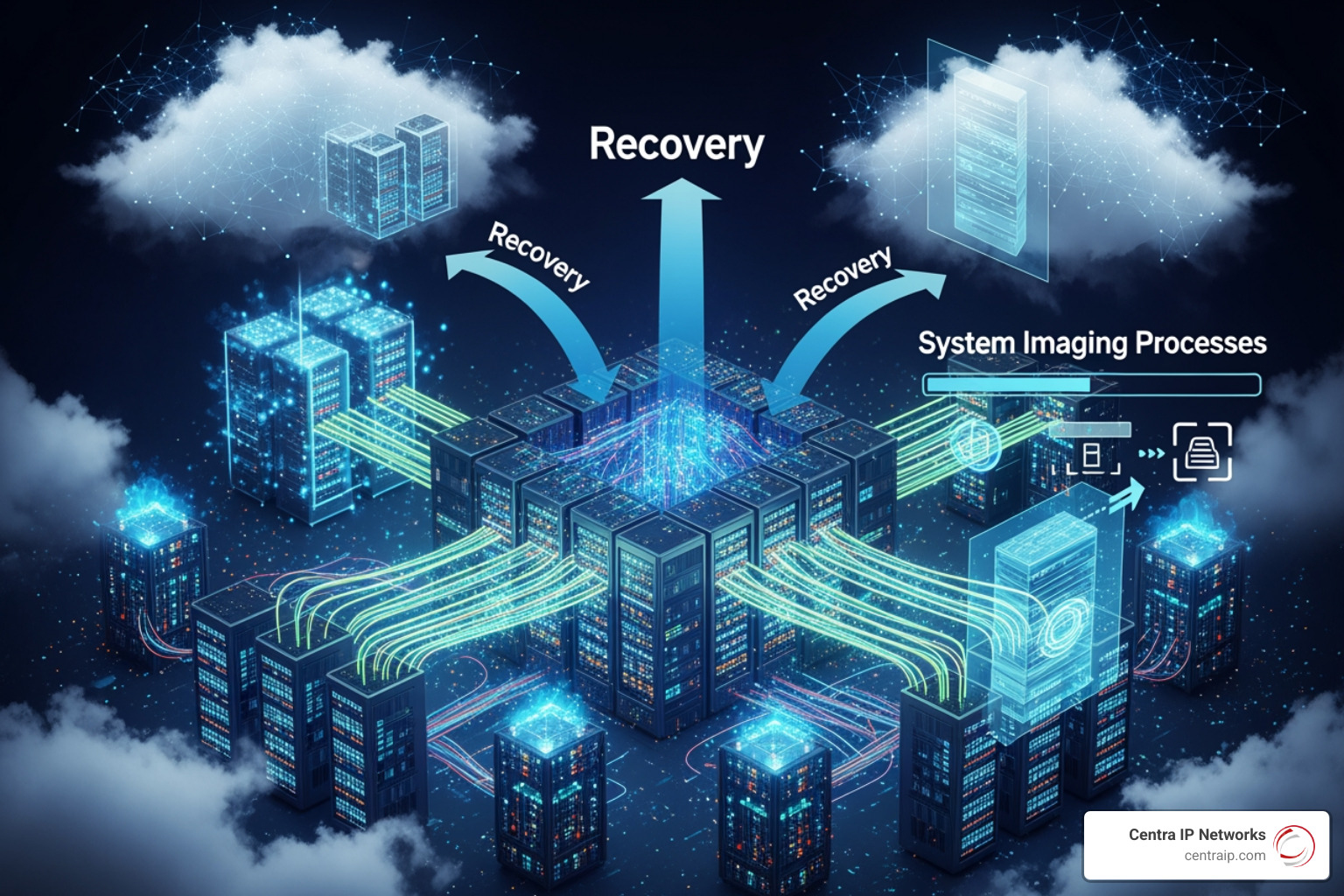 Illustration of cloud infrastructure showing data recovery and system imaging processes - enterprise cloud backup services Illustration of cloud infrastructure showing data recovery and system imaging processes - enterprise cloud backup services
