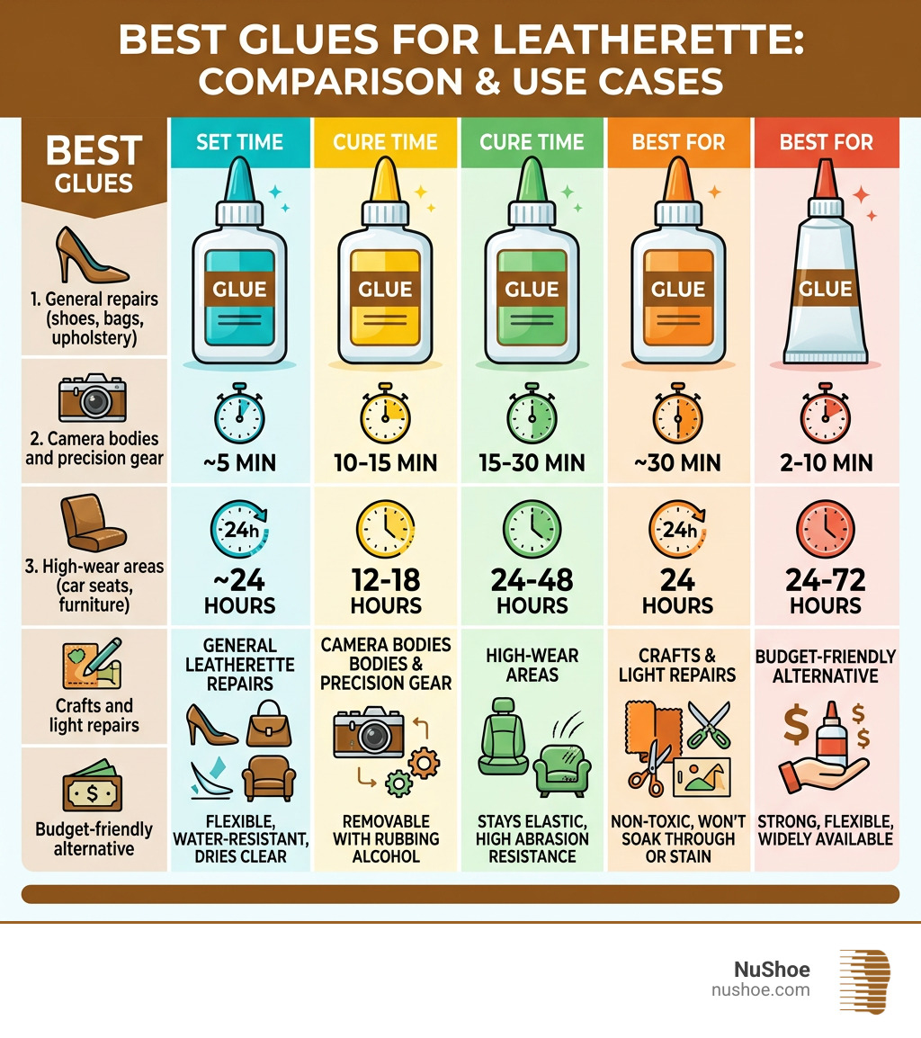Best glues for leatherette comparison infographic with set times, cure times, and use cases - glue for leatherette