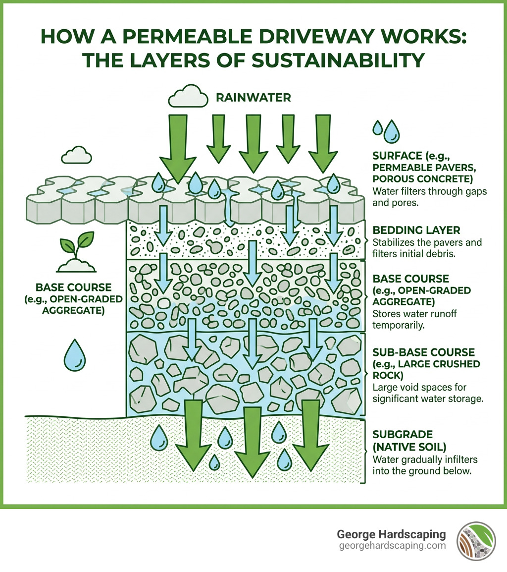 Infographic showing layers of a permeable pavement system from surface to subgrade with water flow arrows - permeable drive Infographic showing layers of a permeable pavement system from surface to subgrade with water flow arrows - permeable drive