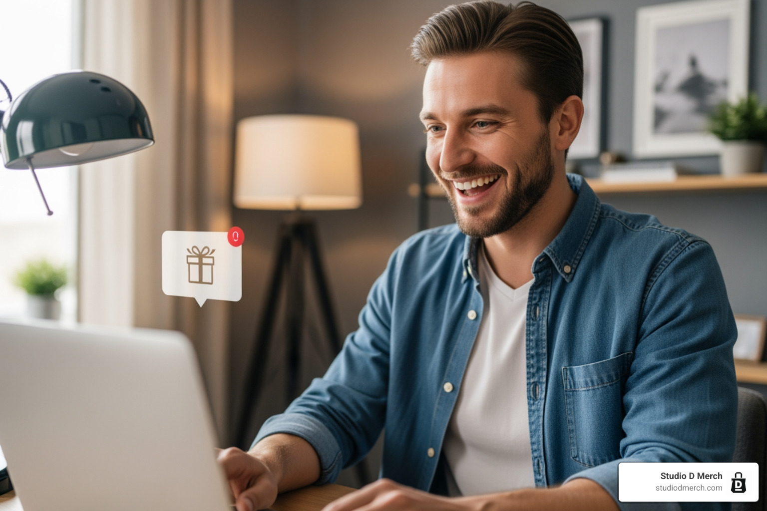 Happy remote worker receiving a digital gift notification - thoughtful virtual gifts Happy remote worker receiving a digital gift notification - thoughtful virtual gifts