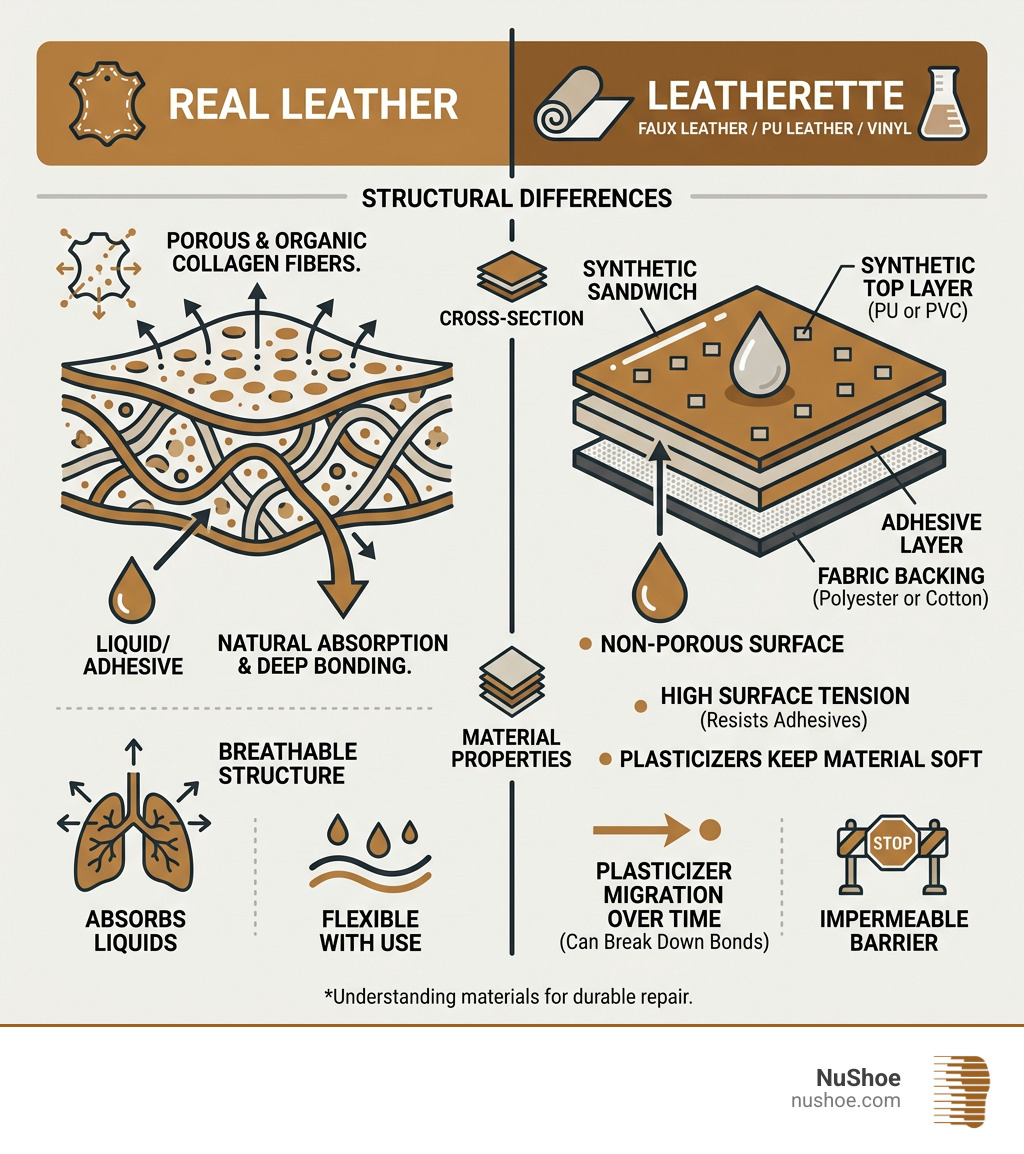Structural differences between leatherette and real leather - glue for leatherette infographic 